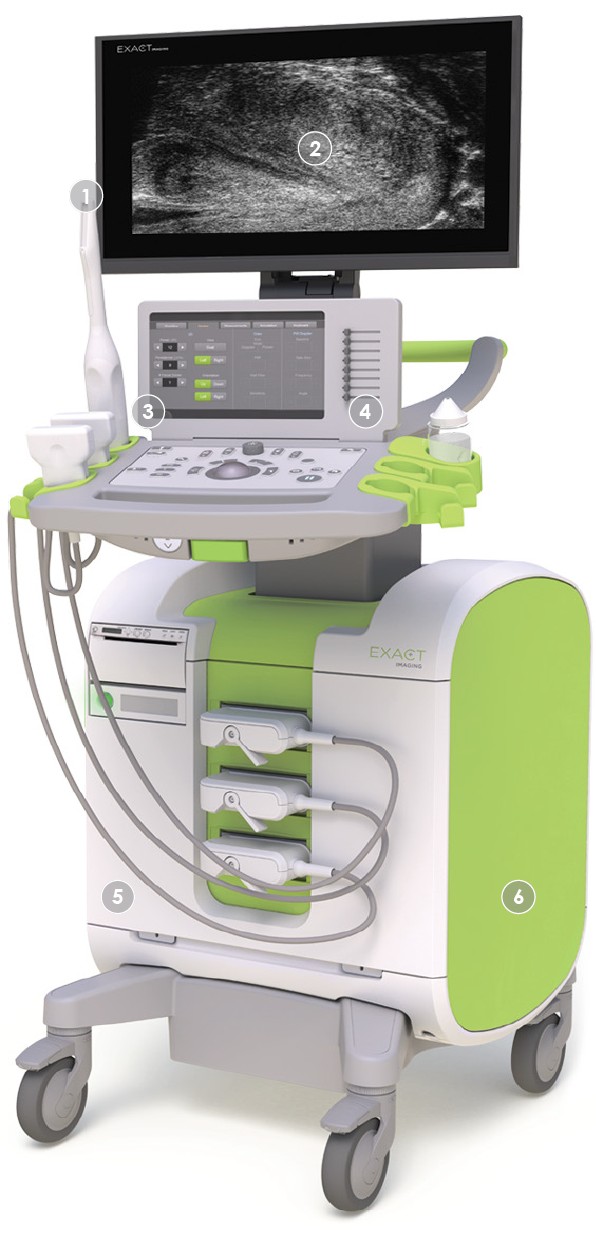 The ExactVu micro-ultrasound system: a wheeled cart with a high-resolution display showing a prostate image, a touch-screen control panel, and transducers stored on the side