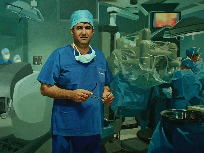 Portrait of Dr Raji Kooner with the da Vinci surgical robot by Australian artist Peter Smeeth, 2011