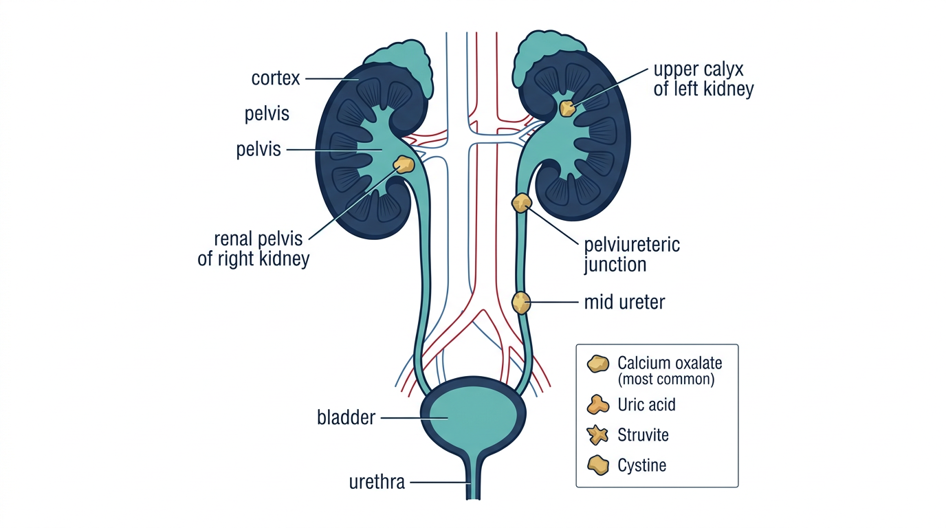 Labelled diagram of the urinary tract showing common locations where kidney stones lodge: inside the calyces and renal pelvis of the kidney, at the pelviureteric junction, in the mid ureter, and in the bladder. A legend identifies the four main stone types - calcium oxalate (most common), uric acid, struvite, and cystine.